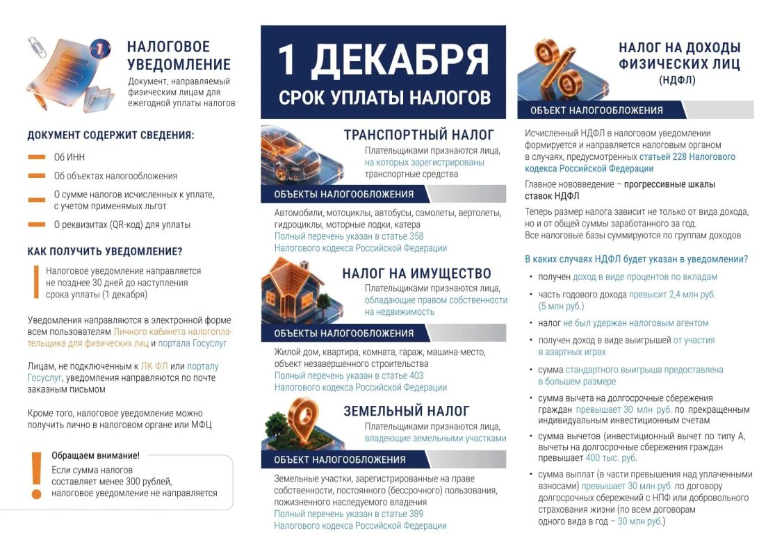 Федеральная налоговая служба России напоминает гражданам о финальном сроке исполнения налоговых обязательств Федеральная налоговая служба России напоминает гражданам о финальном сроке исполнения налоговых обязательств